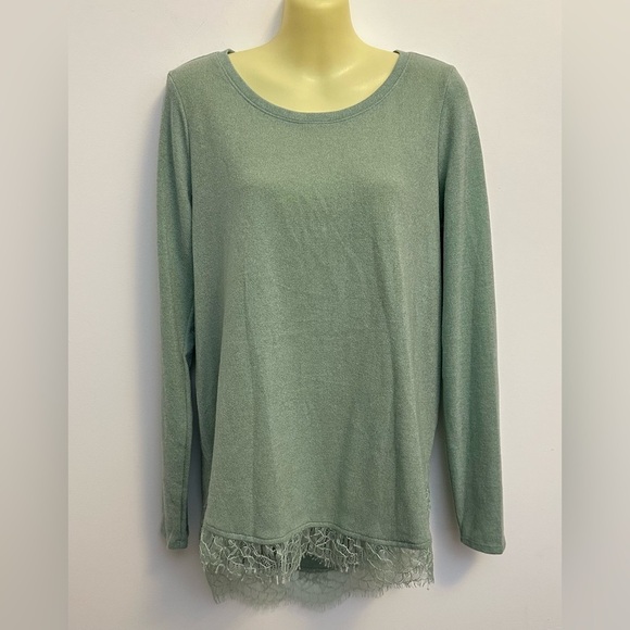 LC Lauren Conrad Sage Green Long Sleeve Crewneck Eyelash Lace Hem Sweater - Picture 1 of 8